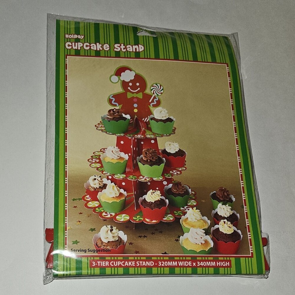 NEW Holiday Cupcake Stand Cardboard Disposable 3-Tier Christmas Gingerbread Man